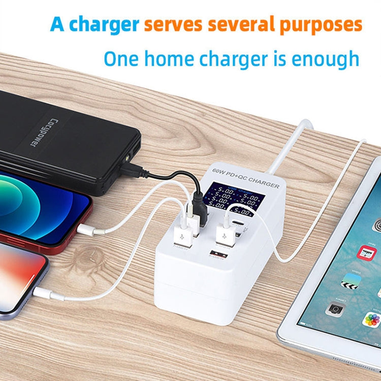 Estação de Carregamento Inteligente A8T 60W 8 Portas USB + QC3.0 + PD Tipo-C com Ecrã Digital AC100-240V, Ficha UK, A8T Ficha UK