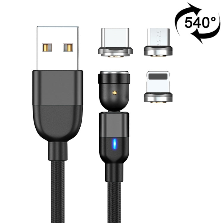 Cabo de Sincronização e Carregamento de Dados Magnético Giratório 540 Graus 3 em 1 USB para 8 Pinos + USB-C / Tipo-C + Micro USB 3A, 1m 3 em 1