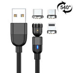 Cabo de Sincronização e Carregamento de Dados Magnético Giratório 540 Graus 3 em 1 USB para 8 Pinos + USB-C / Tipo-C + Micro USB 3A, 1m 3 em 1