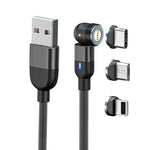 Cabo de Sincronização e Carregamento de Dados Magnético Giratório 540 Graus 3 em 1 USB para 8 Pinos + USB-C / Tipo-C + Micro USB 3A, 2m 3 em 1