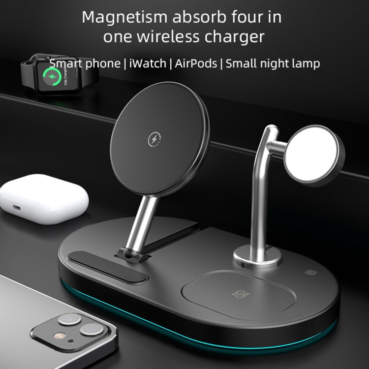 Carregador Sem Fios Magnético Multifuncional 4 em 1 S20 15W com Luz Noturna e Suporte para Telemóveis / AirPods, S20 Preto, S20 Branco