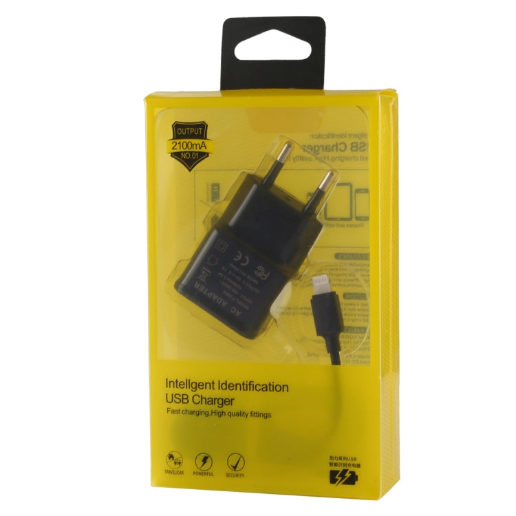 Carregador USB com Identificação Inteligente 5V 2.1A para iPhone com Cabo de Carregamento USB de 1m para 8 Pinos, Ficha UE