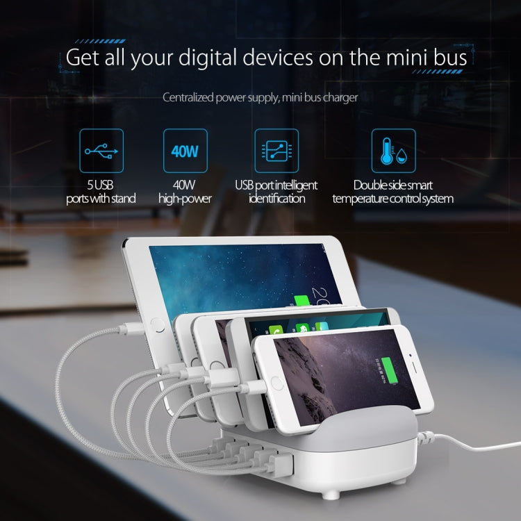 ORICO DUK-5P Estação de carregamento inteligente 40W com 5 portas USB e suporte para telemóvel e tablet, ficha EU