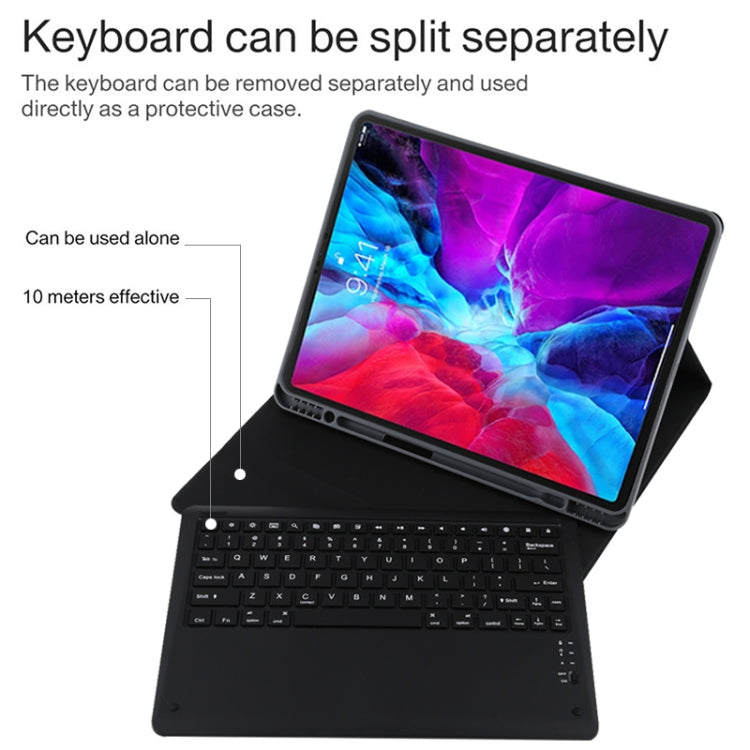 Teclado Bluetooth Preto Destacável T129 + Capa de Couro para Tablet em Microfibra para iPad Pro 12.9 polegadas (2020), com Suporte, Teclado Preto