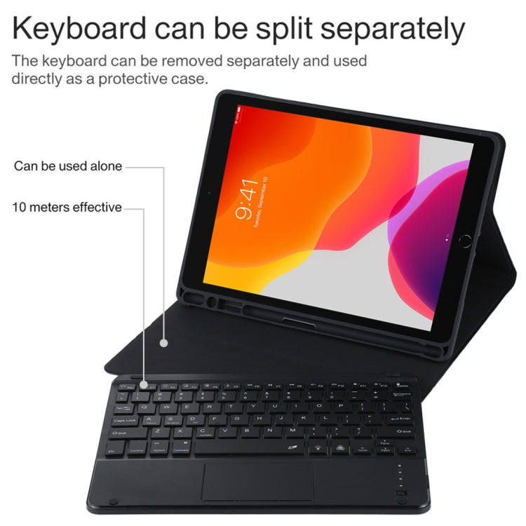 TG-102BCS Teclado Bluetooth Preto Desmontável + Capa de Tablet em Pele Microfibra para iPad 10.2 polegadas / iPad Air (2019), com Touchpad, Retroiluminação, Slot para Caneta e Suporte, Teclado Preto