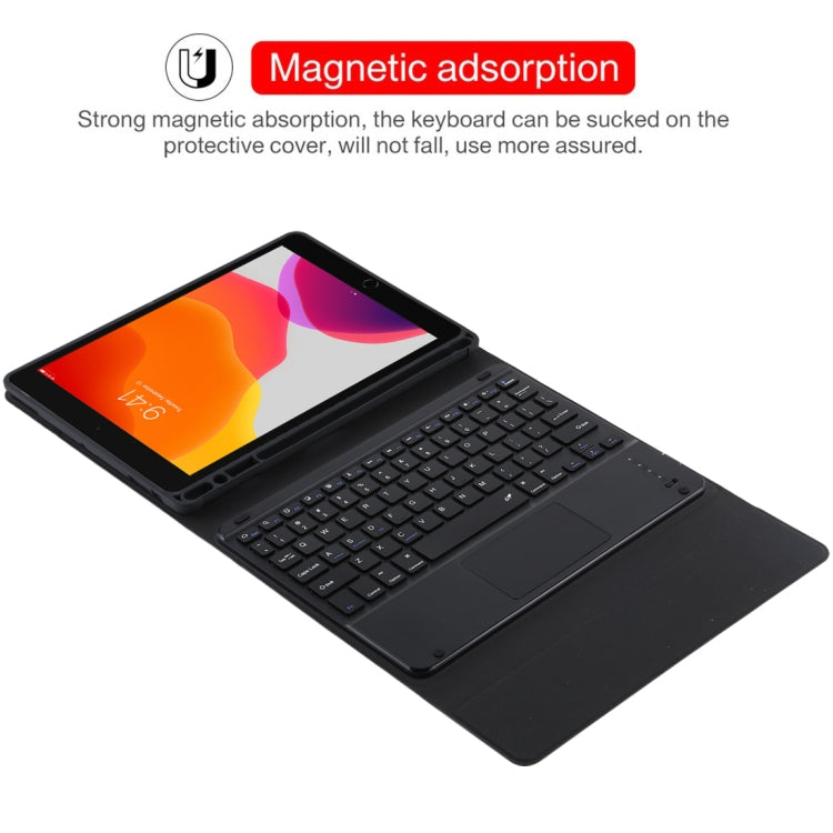 Teclado Bluetooth preto destacável TG-102BC + Capa de tablet em pele de microfibra para iPad 10,2 polegadas / iPad Air (2019), com touchpad, suporte para caneta e suporte, TG-102BC