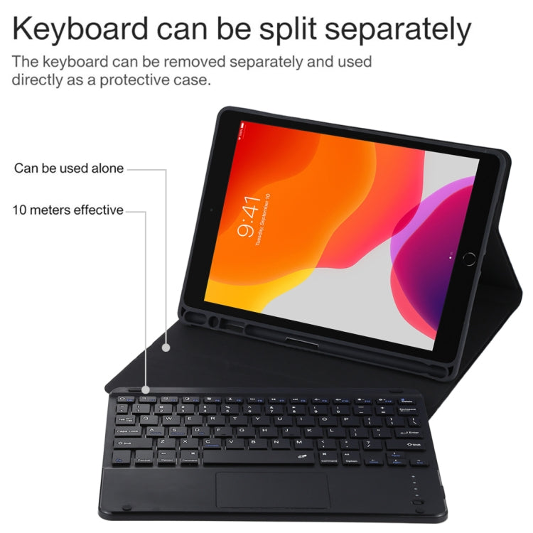 Teclado Bluetooth preto destacável TG-102BC + Capa de tablet em pele de microfibra para iPad 10,2 polegadas / iPad Air (2019), com touchpad, suporte para caneta e suporte, TG-102BC