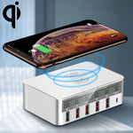 Carregador WLX-818F 6 em 1 10W QC3.0 sem fios + USB-C / Type-C + 4 portas USB com ecrã LCD inteligente, ficha EU / AU, ficha EU / AU (branco)