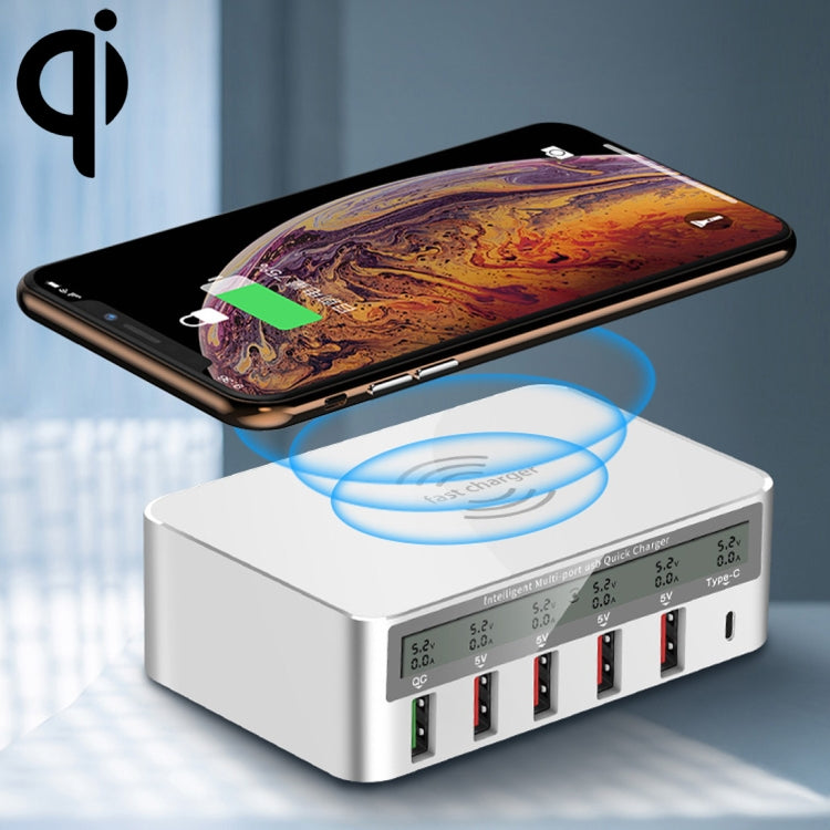 Carregador WLX-818F 6 em 1 10W QC3.0 sem fios + USB-C / Type-C + 4 portas USB com ecrã LCD inteligente, ficha EU / AU, ficha EU / AU (branco)