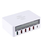 Carregador WLX-818F 6 em 1 10W QC3.0 sem fios + USB-C / Type-C + 4 portas USB com ecrã LCD inteligente, ficha EU / AU, ficha EU / AU (branco)