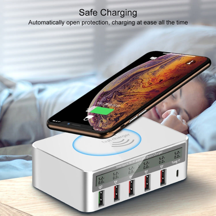 Carregador WLX-818F 6 em 1 10W QC3.0 sem fios + USB-C / Type-C + 4 portas USB com ecrã LCD inteligente, ficha EU / AU, ficha EU / AU (branco)