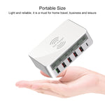 Carregador WLX-818F 6 em 1 10W QC3.0 sem fios + USB-C / Type-C + 4 portas USB com ecrã LCD inteligente, ficha EU / AU, ficha EU / AU (branco)