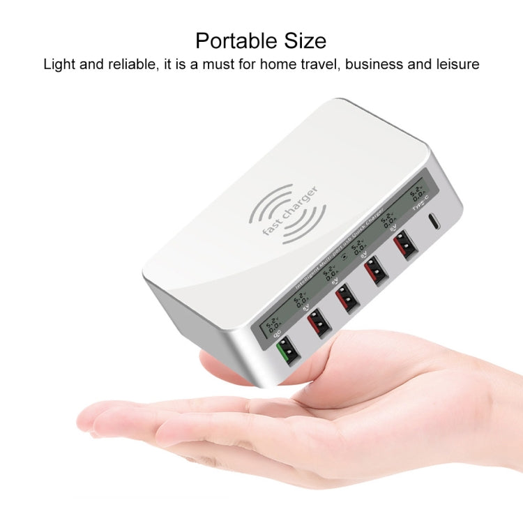 Carregador WLX-818F 6 em 1 10W QC3.0 sem fios + USB-C / Type-C + 4 portas USB com ecrã LCD inteligente, ficha EU / AU, ficha EU / AU (branco)