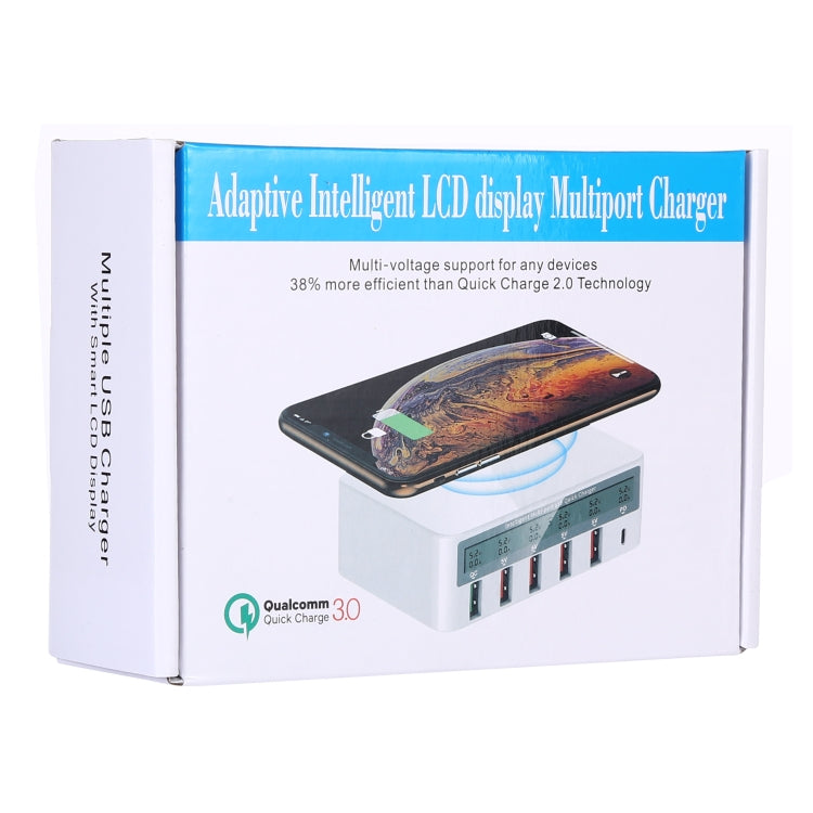Carregador WLX-818F 6 em 1 10W QC3.0 sem fios + USB-C / Type-C + 4 portas USB com ecrã LCD inteligente, ficha EU / AU, ficha EU / AU (branco)
