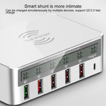 Carregador WLX-818F 6 em 1 10W QC3.0 sem fios + USB-C / Type-C + 4 portas USB com ecrã LCD inteligente, ficha EU / AU, ficha EU / AU (branco)