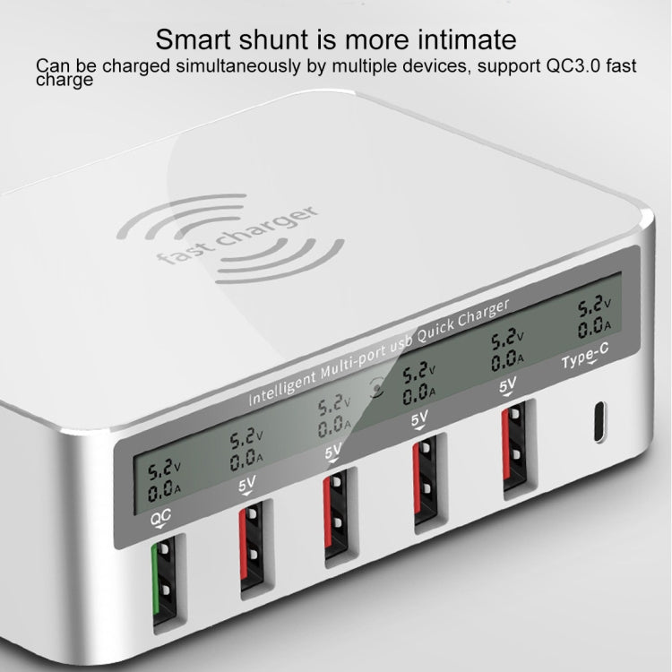 Carregador WLX-818F 6 em 1 10W QC3.0 sem fios + USB-C / Type-C + 4 portas USB com ecrã LCD inteligente, ficha EU / AU, ficha EU / AU (branco)