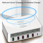 Carregador WLX-818F 6 em 1 10W QC3.0 sem fios + USB-C / Type-C + 4 portas USB com ecrã LCD inteligente, ficha EU / AU, ficha EU / AU (branco)