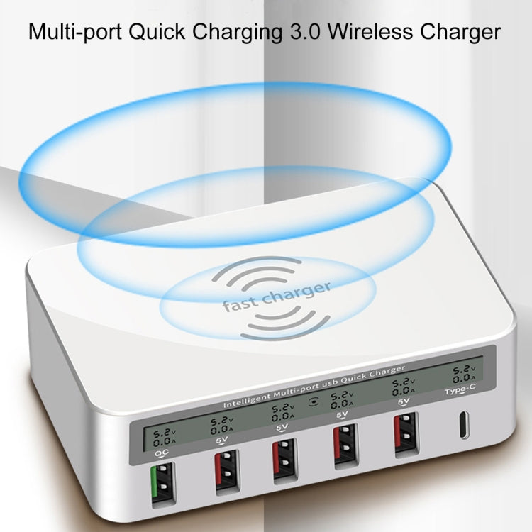 Carregador WLX-818F 6 em 1 10W QC3.0 sem fios + USB-C / Type-C + 4 portas USB com ecrã LCD inteligente, ficha EU / AU, ficha EU / AU (branco)