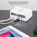 Carregador WLX-818F 6 em 1 10W QC3.0 sem fios + USB-C / Type-C + 4 portas USB com ecrã LCD inteligente, ficha EU / AU, ficha EU / AU (branco)