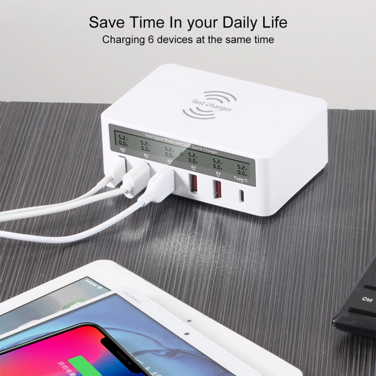 Carregador WLX-818F 6 em 1 10W QC3.0 sem fios + USB-C / Type-C + 4 portas USB com ecrã LCD inteligente, ficha EU / AU, ficha EU / AU (branco)