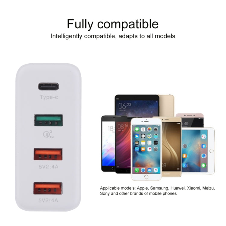 Carregador de Parede de Viagem A3P com Saída Máxima de 3A USB-C / Type-C + QC3.0 + USB Duplo 4 Portas, Plugue US