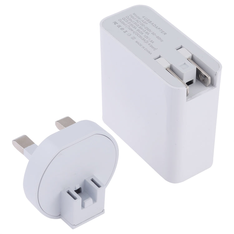 Carregador de Parede de Viagem A3P com Saída Máxima de 3A USB-C / Type-C + QC3.0 + USB Duplo 4 Portas, Plugue UK