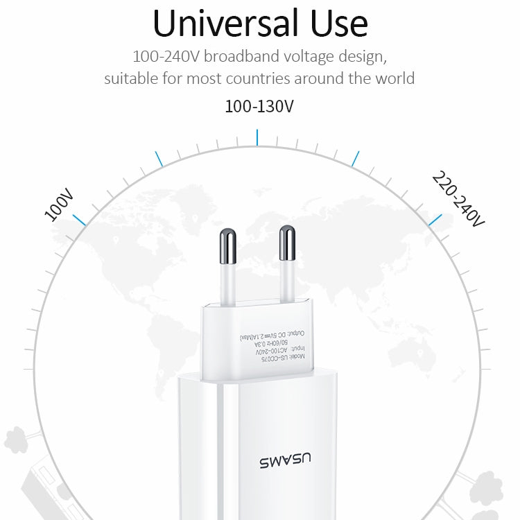 Carregador de Viagem USB Único USAMS US-CC075 T18 2.1A, Ficha UE, Ficha UE