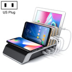 UD09 Carregador Sem Fios Qi Standard com 4 Portas USB, Suporte de Secretária para Telemóvel, Ficha US, Ficha US