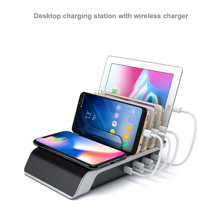 UD09 Carregador Sem Fios Qi Standard com 4 Portas USB, Suporte de Secretária para Telemóvel, Ficha US, Ficha US