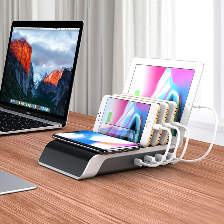 UD09 Carregador Sem Fios Qi Standard com 4 Portas USB, Suporte de Secretária para Telemóvel, Ficha US, Ficha US
