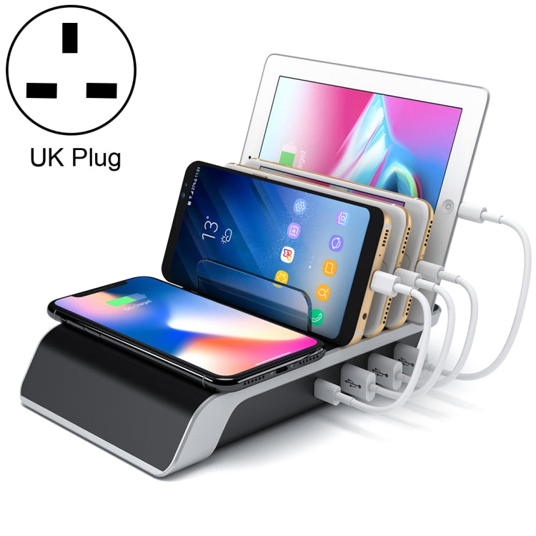 UD09 Carregador sem fios Qi padrão com 4 portas USB, suporte de secretária para telemóvel, ficha UK