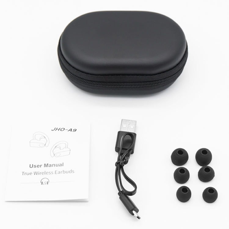 Auricular Bluetooth JHO-A9 TWS sem fios tipo pendente com bolsa integrada de carregamento + armazenamento com fecho, suporte a controlo por voz, JHO-A9