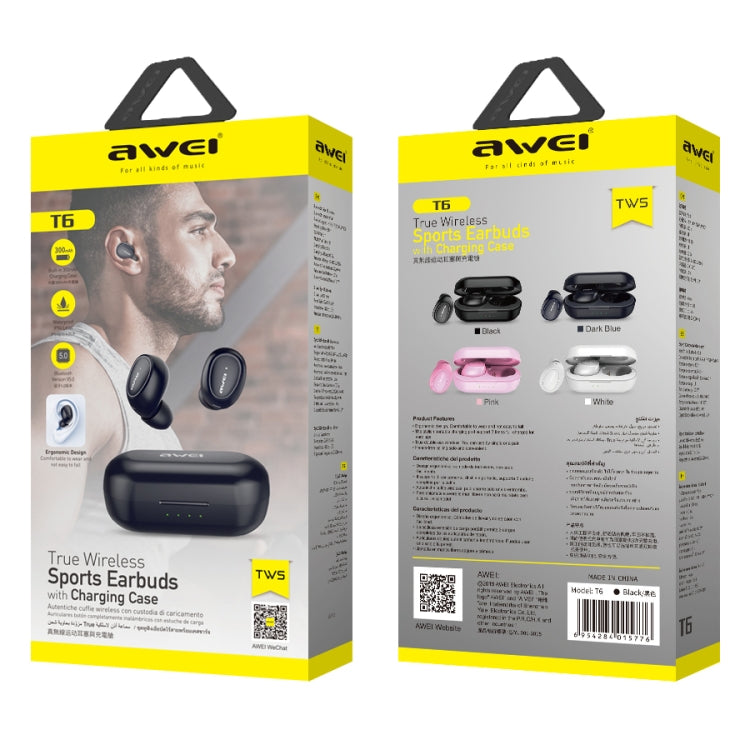 awei T6 Auricular Desportivo TWS Bluetooth V5.0 Verdadeiramente Sem Fios com Caixa de Carregamento