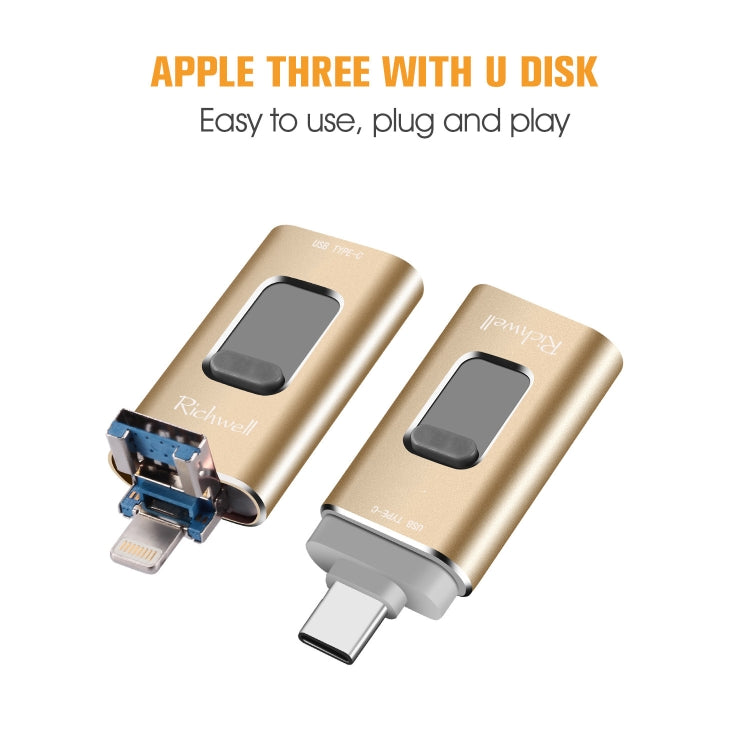 Richwell Pen drive metálico 3 em 1 16G Type-C + 8 pinos + USB 3.0 com função OTG de empurrar e puxar