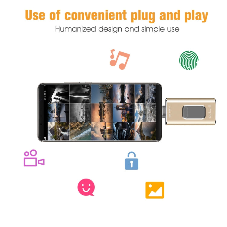 Richwell Pen drive metálico 3 em 1 16G Type-C + 8 pinos + USB 3.0 com função OTG de empurrar e puxar