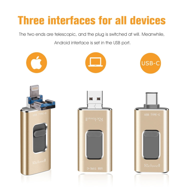 Richwell Pen drive metálico 3 em 1 128G Type-C + 8 pinos + USB 3.0 com função OTG de empurrar e puxar