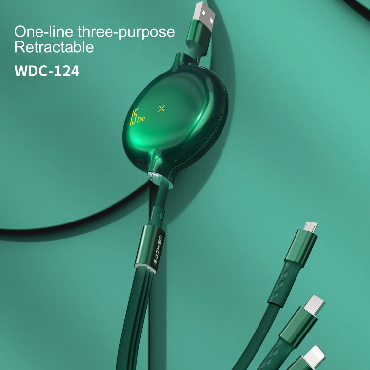 Cabo de Carregamento e Dados Telescópico 3 em 1 8 Pinos + Type-C / USB-C + Micro USB Série Bona WK WDC-124 3A, Comprimento: 1,5m