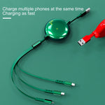 Cabo de Carregamento e Dados Telescópico 3 em 1 8 Pinos + Type-C / USB-C + Micro USB Série Bona WK WDC-124 3A, Comprimento: 1,5m