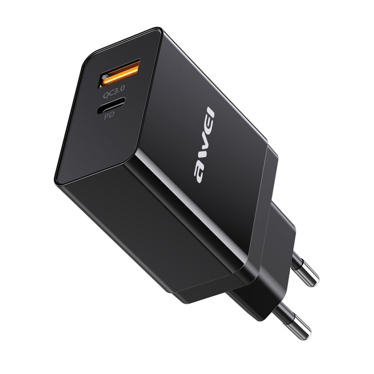 Carregador de Viagem de Carregamento Rápido awei C-980 18W PD USB-C / Tipo-C + QC 3.0 Interface USB, Ficha UE
