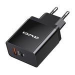 Carregador de Viagem de Carregamento Rápido awei C-980 18W PD USB-C / Tipo-C + QC 3.0 Interface USB, Ficha UE