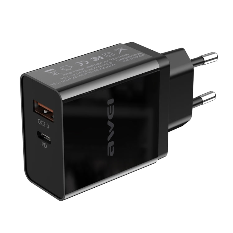 Carregador de Viagem de Carregamento Rápido awei C-980 18W PD USB-C / Tipo-C + QC 3.0 Interface USB, Ficha UE