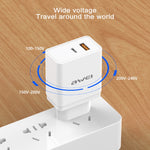 Carregador de Viagem de Carregamento Rápido awei C-980 18W PD USB-C / Tipo-C + QC 3.0 Interface USB, Ficha UE