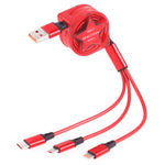 Cabo de Dados Retrátil 3 em 1 USB para USB-C / Type-C + 8 Pinos + Micro USB, 1,2m