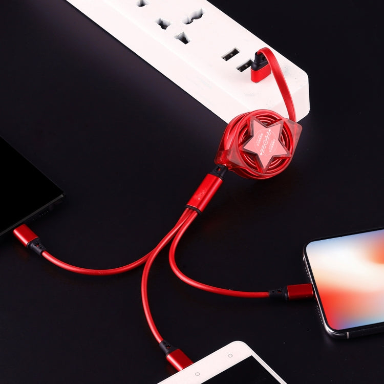 Cabo de Dados Retrátil 3 em 1 USB para USB-C / Type-C + 8 Pinos + Micro USB, 1,2m