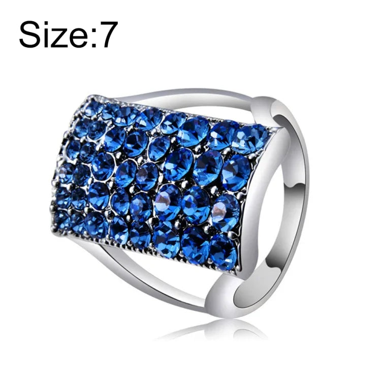 Anel Retangular Banhado a Prata com Cristal Azul para Mulher (Prata com Diamante, EUA, Tamanho: 7), Tamanho: 7