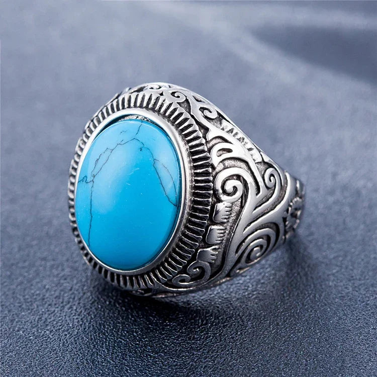 Anel Masculino de Aço de Titânio com Turquesa e Pedra Preciosa Retro Estilo Europeu e Americano, Tamanho: 8, Diâmetro: 18,2mm, Perímetro: 57mm, Diâmetro: 18,2mm