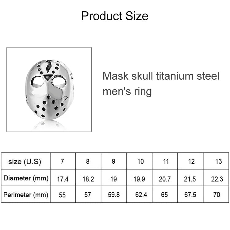 Anel masculino de aço titânio estilo punk gótico rock com máscara de caveira, tamanho EUA: 7, diâmetro: 17,4mm, perímetro: 55mm, diâmetro: 17,4mm