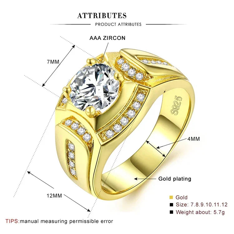 Anel masculino de diamante com banho de ouro branco 18K + zircão AAA estilo empresário da moda, tamanho: 8, diâmetro: 18,1mm, perímetro: 57mm, diâmetro: 18,1mm
