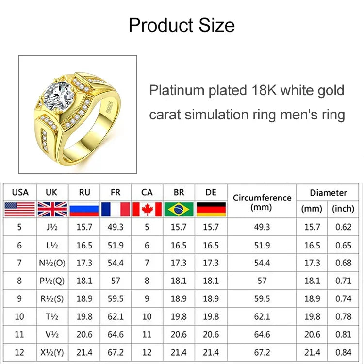 Anel masculino de diamante com banho de ouro branco 18K + zircão AAA estilo empresário da moda, tamanho: 12, diâmetro: 21,4mm, perímetro: 67,2mm, diâmetro: 21,4mm