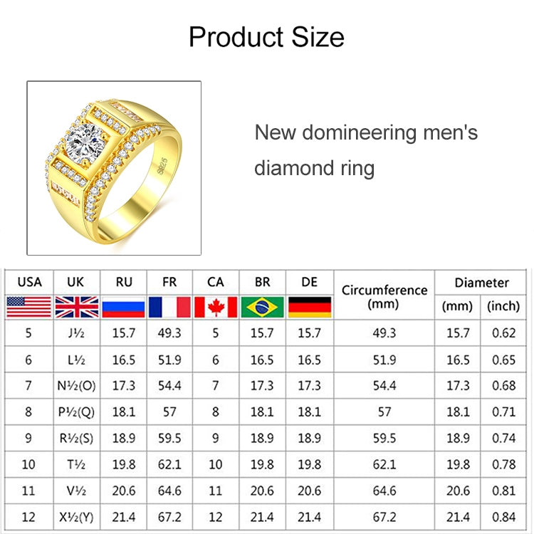Anel de Diamante Masculino de Estilo Novo da Moda Banhado a Ouro + Zircão AAA Incrustado com Strass, Tamanho: 10, Diâmetro: 19,8mm, Perímetro: 62,1mm, Diâmetro: 19,8mm